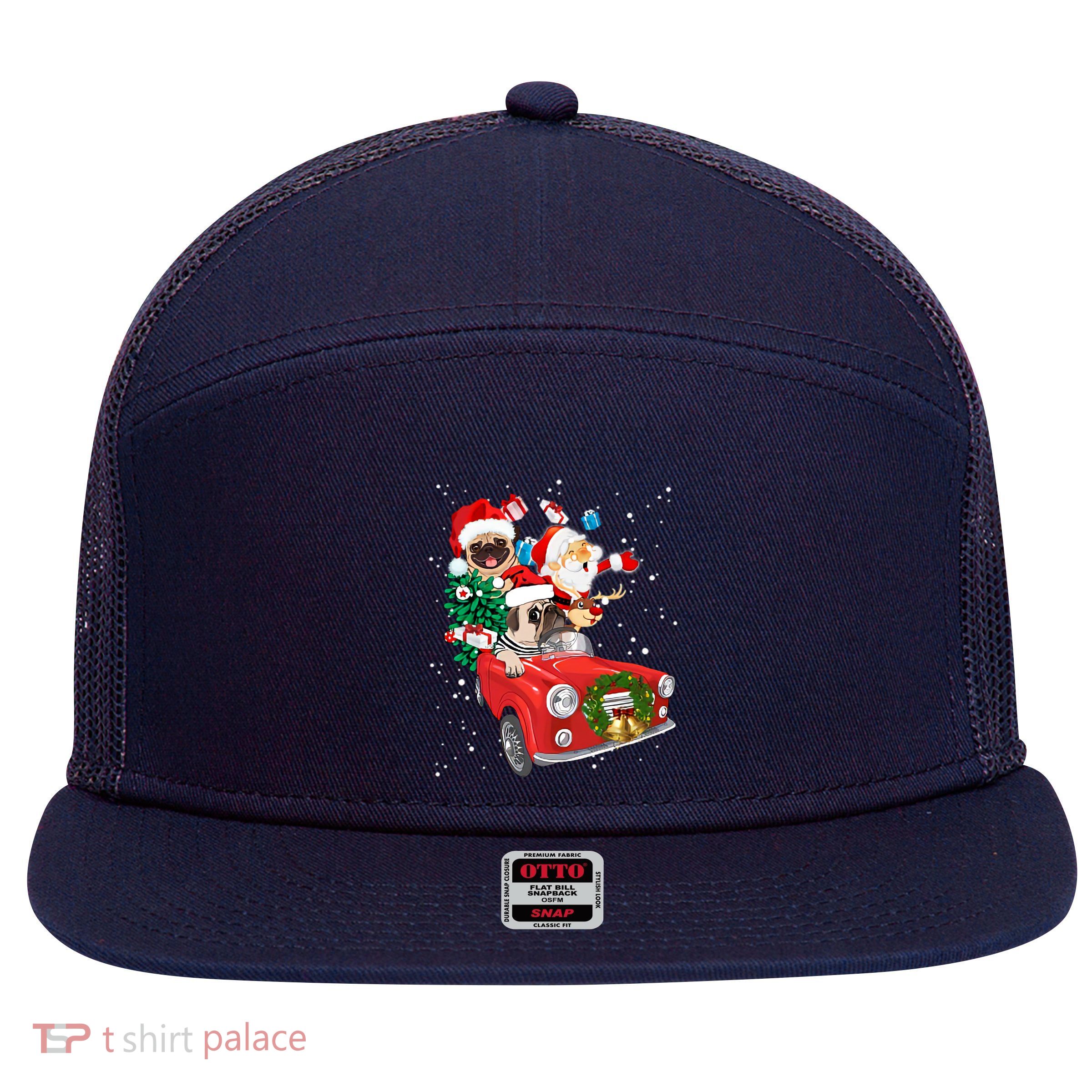 Dogs Pitbull Christmas With Santa 7 Panel Mesh Trucker Snapback Hat