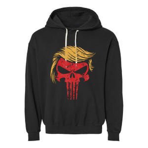 Distressed President Donald Trump Iconic Hair Red Wave Skull Garment-Dyed Fleece Hoodie