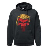 Distressed President Donald Trump Iconic Hair Red Wave Skull Performance Fleece Hoodie