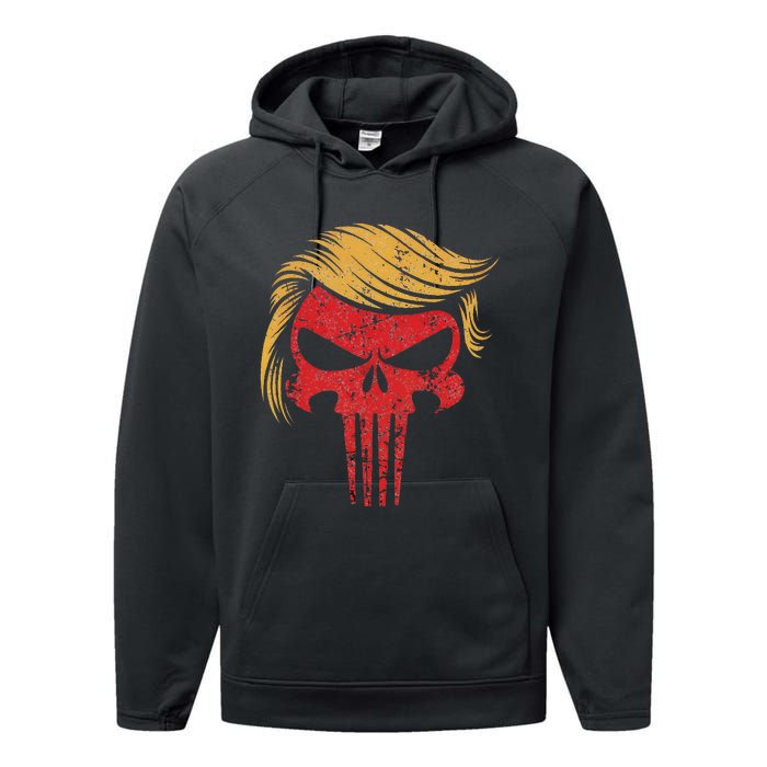 Distressed President Donald Trump Iconic Hair Red Wave Skull Performance Fleece Hoodie