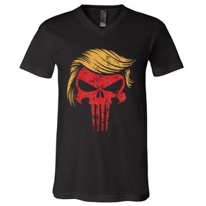 Distressed President Donald Trump Iconic Hair Red Wave Skull V-Neck T-Shirt