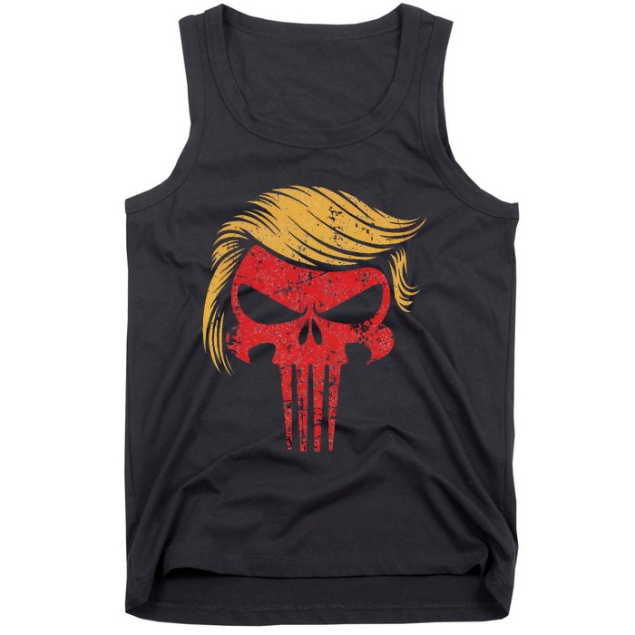 Distressed President Donald Trump Iconic Hair Red Wave Skull Tank Top