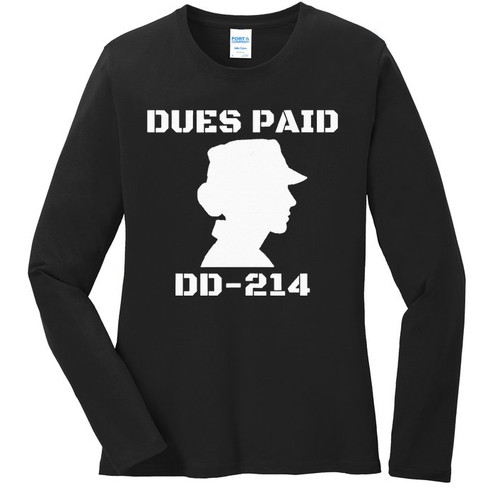 Dues Paid DD214 Female Veterans Day Women Ex Army Soldier Ladies Long Sleeve Shirt