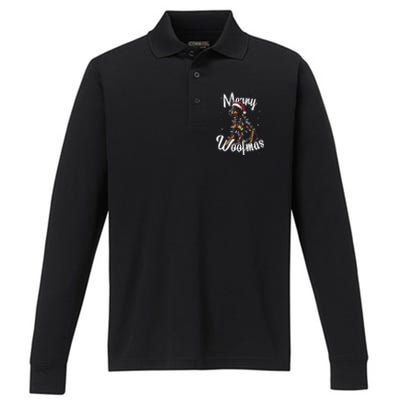 Doberman Pincher Dog Merry Woofmas Christmas Lights Tank Top Performance Long Sleeve Polo