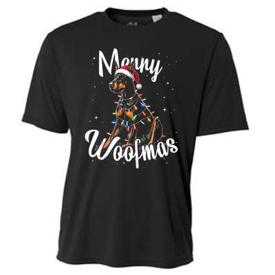 Doberman Pincher Dog Merry Woofmas Christmas Lights Tank Top Cooling Performance Crew T-Shirt