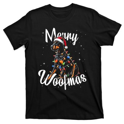 Doberman Pincher Dog Merry Woofmas Christmas Lights Tank Top T-Shirt