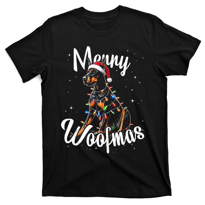 Doberman Pincher Dog Merry Woofmas Christmas Lights Tank Top T-Shirt