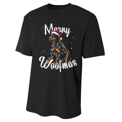 Doberman Pincher Dog Merry Woofmas Christmas Lights Tank Top Performance Sprint T-Shirt