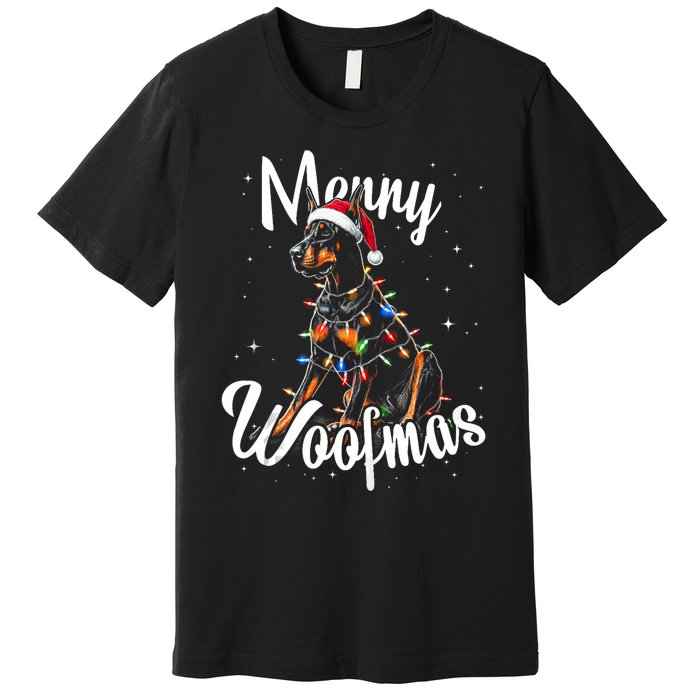 Doberman Pincher Dog Merry Woofmas Christmas Lights Tank Top Premium T-Shirt