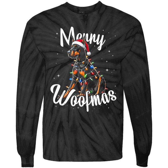 Doberman Pincher Dog Merry Woofmas Christmas Lights Tank Top Tie-Dye Long Sleeve Shirt