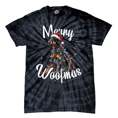 Doberman Pincher Dog Merry Woofmas Christmas Lights Tank Top Tie-Dye T-Shirt