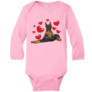 Doberman Pinscher Dog With Stuffed Animal Baby Long Sleeve Bodysuit