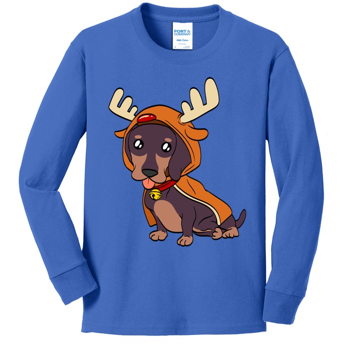 Dachshund Puppy Dressed As Reindeer Dogs Xmas Gift Kids Long Sleeve Shirt