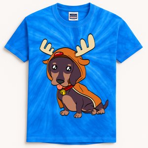 Dachshund Puppy Dressed As Reindeer Dogs Xmas Gift Kids Tie-Dye T-Shirt