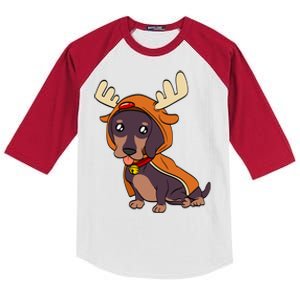 Dachshund Puppy Dressed As Reindeer Dogs Xmas Gift Kids Colorblock Raglan Jersey