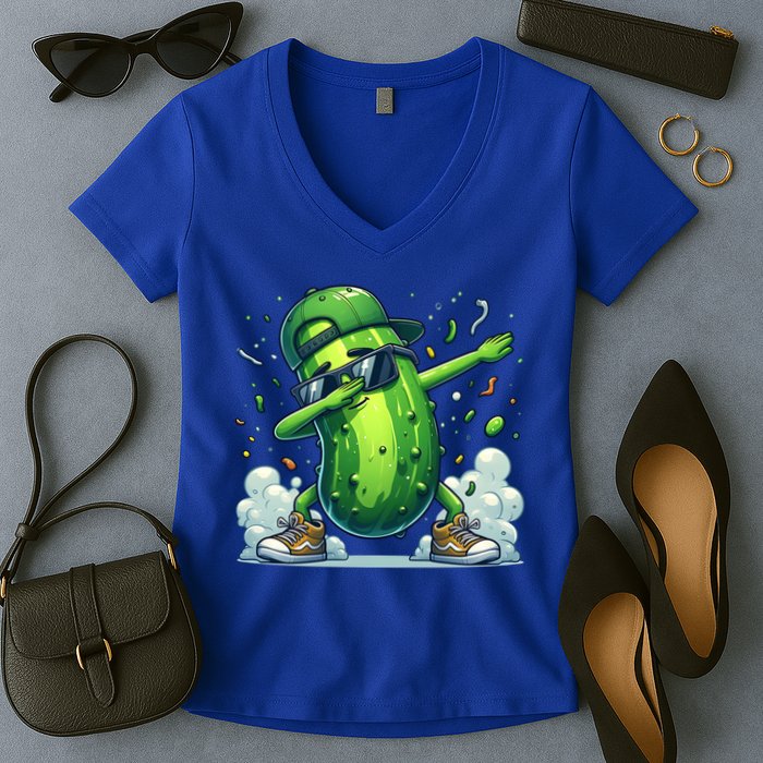 Dabbing Pickle Dancing Cucumber Lover Funny Sunglass Gift Women's V-Neck T-Shirt