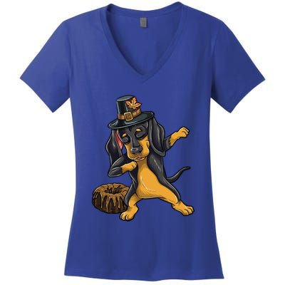 Dabbing Pilgrim Dachshund Pound Cake Thanksgiving Gift Women's V-Neck T-Shirt