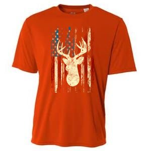 Distressed Patriotic Deer Hunting American Flag Gift Cooling Performance Crew T-Shirt