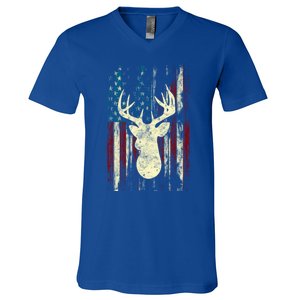 Distressed Patriotic Deer Hunting American Flag Gift V-Neck T-Shirt