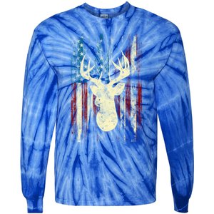 Distressed Patriotic Deer Hunting American Flag Gift Tie-Dye Long Sleeve Shirt