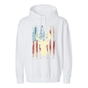 Distressed Patriotic Deer Hunting American Flag Gift Garment-Dyed Fleece Hoodie