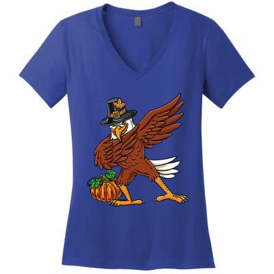 Dabbing Pilgrim Eagle Thanksgiving Funny Gift Women's V-Neck T-Shirt