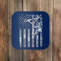 Distressed Patriotic Electric Cable Lineman American Flag Zip Hoodie Coaster