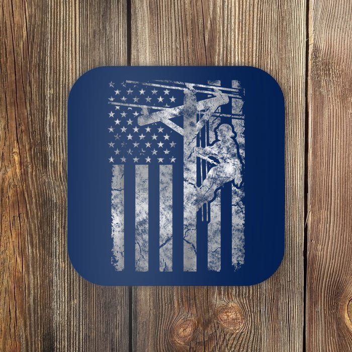 Distressed Patriotic Electric Cable Lineman American Flag Zip Hoodie Coaster