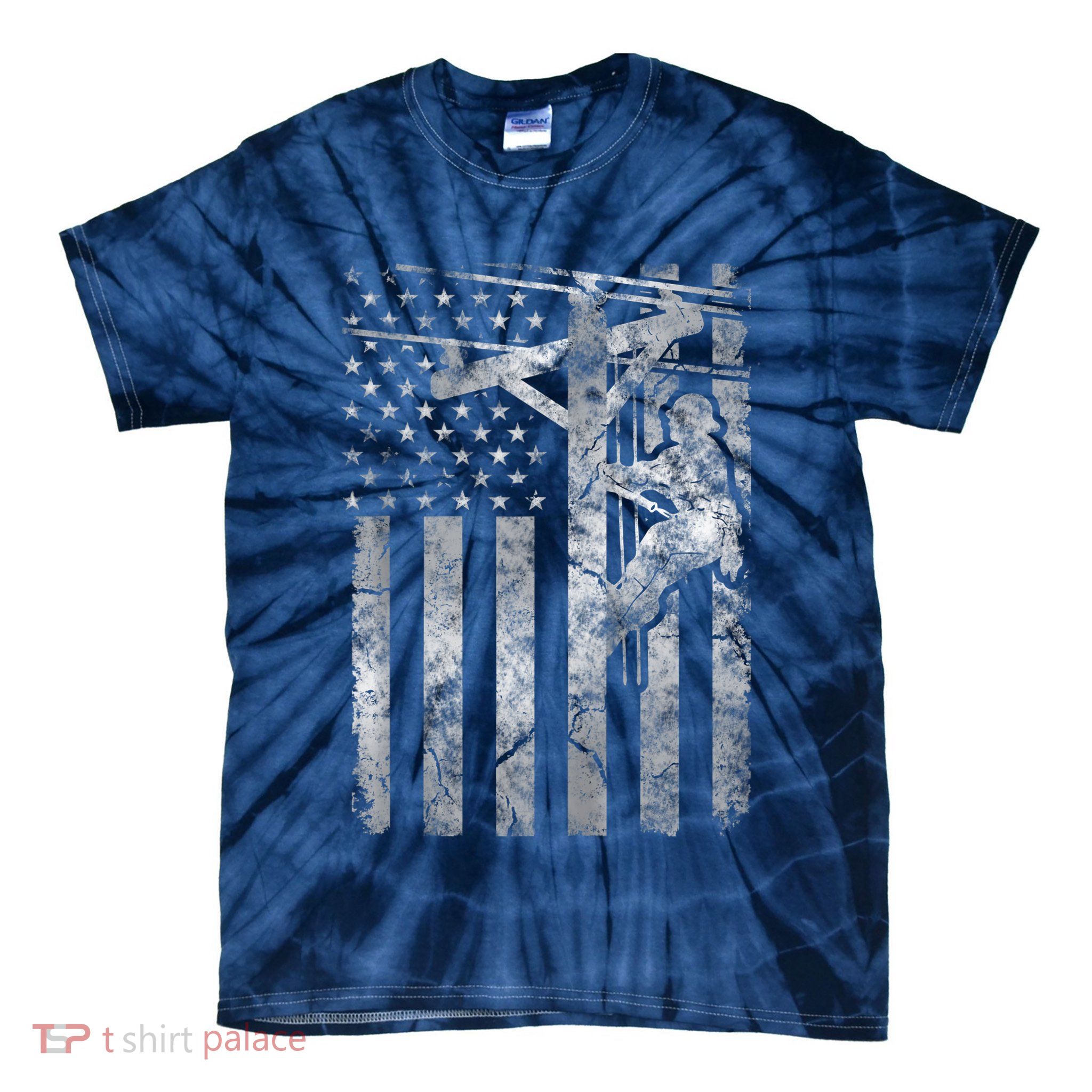 Distressed Patriotic Electric Cable Lineman American Flag Zip Hoodie Tie-Dye T-Shirt