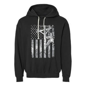 Distressed Patriotic Electric Cable Line American Flag Great Gift Garment-Dyed Fleece Hoodie