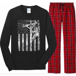 Distressed Patriotic Electric Cable Line American Flag Great Gift Long Sleeve Pajama Set