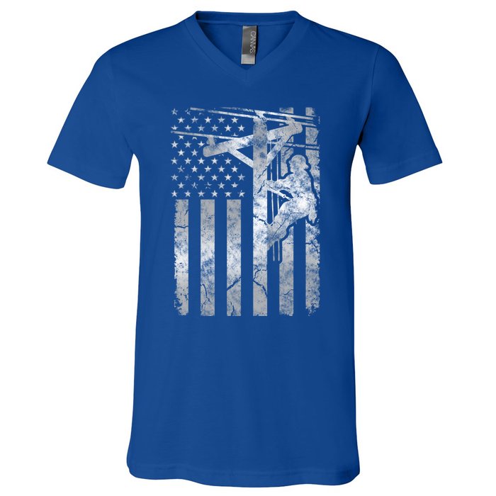 Distressed Patriotic Electric Cable Line American Flag Great Gift V-Neck T-Shirt