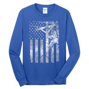 Distressed Patriotic Electric Cable Line American Flag Great Gift Tall Long Sleeve T-Shirt