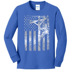 Distressed Patriotic Electric Cable Line American Flag Great Gift Kids Long Sleeve Shirt