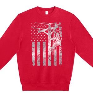 Distressed Patriotic Electric Cable Line American Flag Great Gift Premium Crewneck Sweatshirt