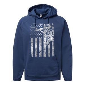 Distressed Patriotic Electric Cable Line American Flag Great Gift Performance Fleece Hoodie