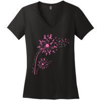 Dandelion Pink Flower Ribbon Breast Cancer Awareness 's Women's V-Neck T-Shirt