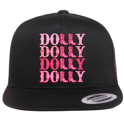 Dolly Personalize First Name Groovy Cowboy Boots Flat Bill Trucker Hat