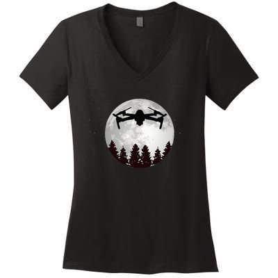 Drone Pilot Full Moon Funny FPV Drone Quadcopter Women's V-Neck T-Shirt