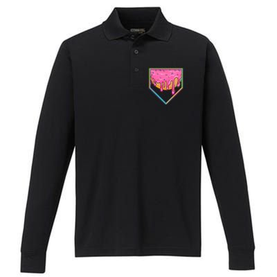 Dripping Pink Frosting Donut Baseball Diamond Home Plate Performance Long Sleeve Polo