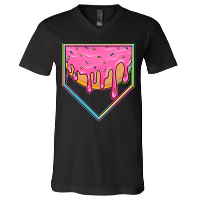 Dripping Pink Frosting Donut Baseball Diamond Home Plate V-Neck T-Shirt