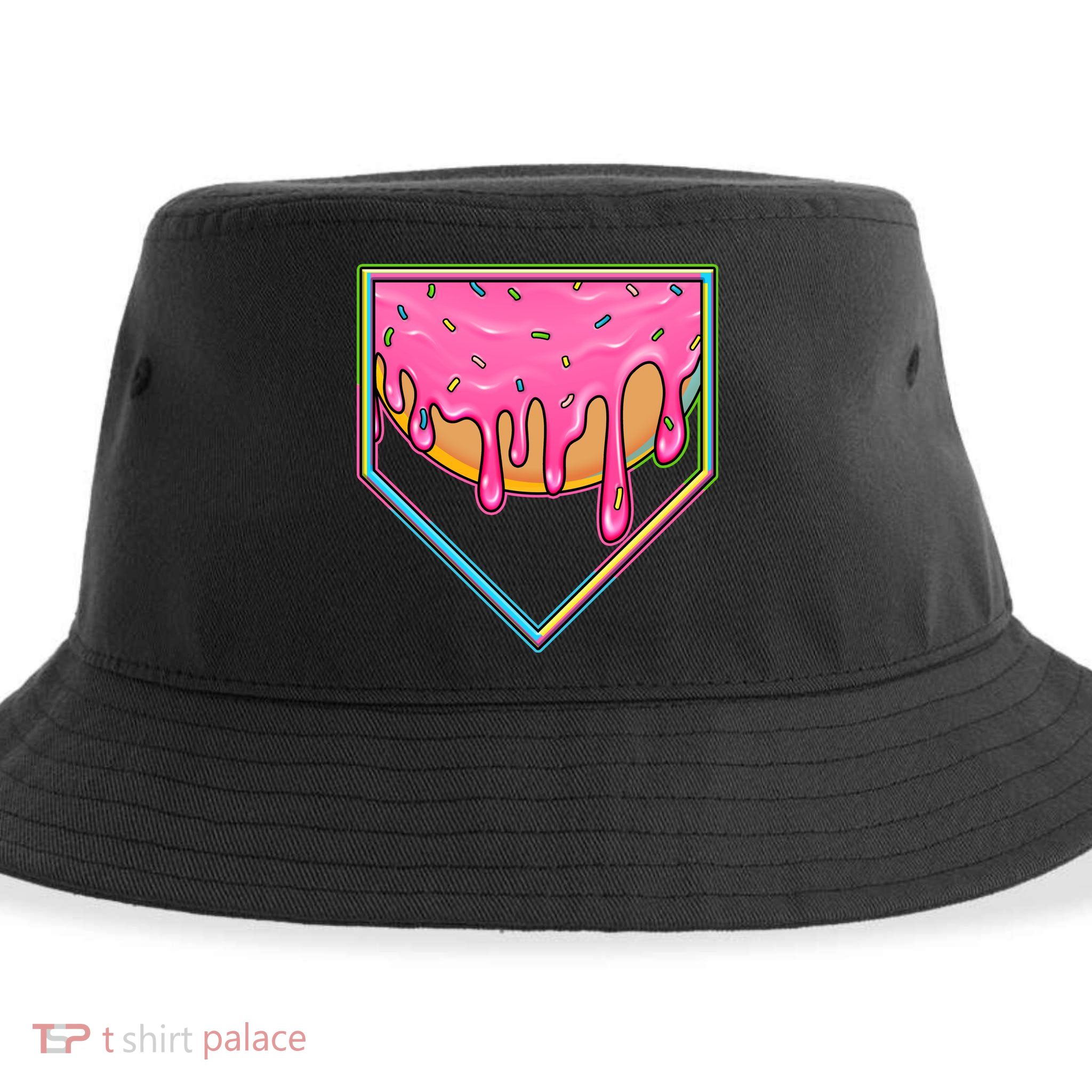 Dripping Pink Frosting Donut Baseball Diamond Home Plate Sustainable Bucket Hat