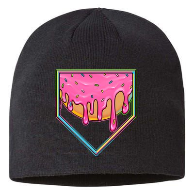 Dripping Pink Frosting Donut Baseball Diamond Home Plate Sustainable Beanie
