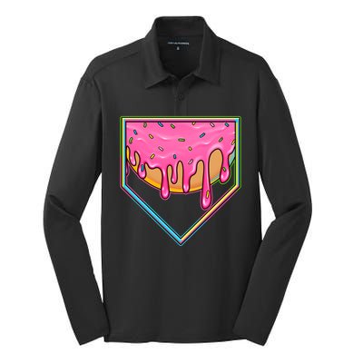 Dripping Pink Frosting Donut Baseball Diamond Home Plate Silk Touch Performance Long Sleeve Polo