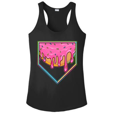 Dripping Pink Frosting Donut Baseball Diamond Home Plate Ladies PosiCharge Competitor Racerback Tank