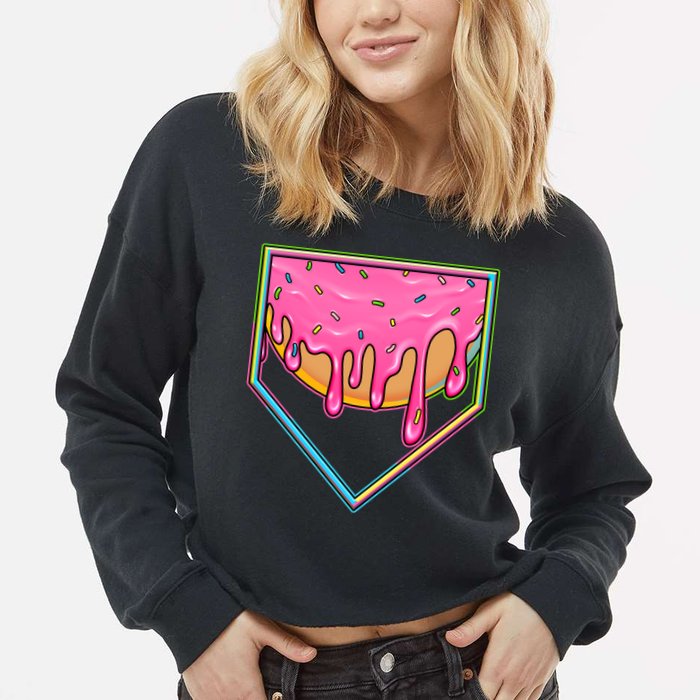 Dripping Pink Frosting Donut Baseball Diamond Home Plate Cropped Pullover Crew