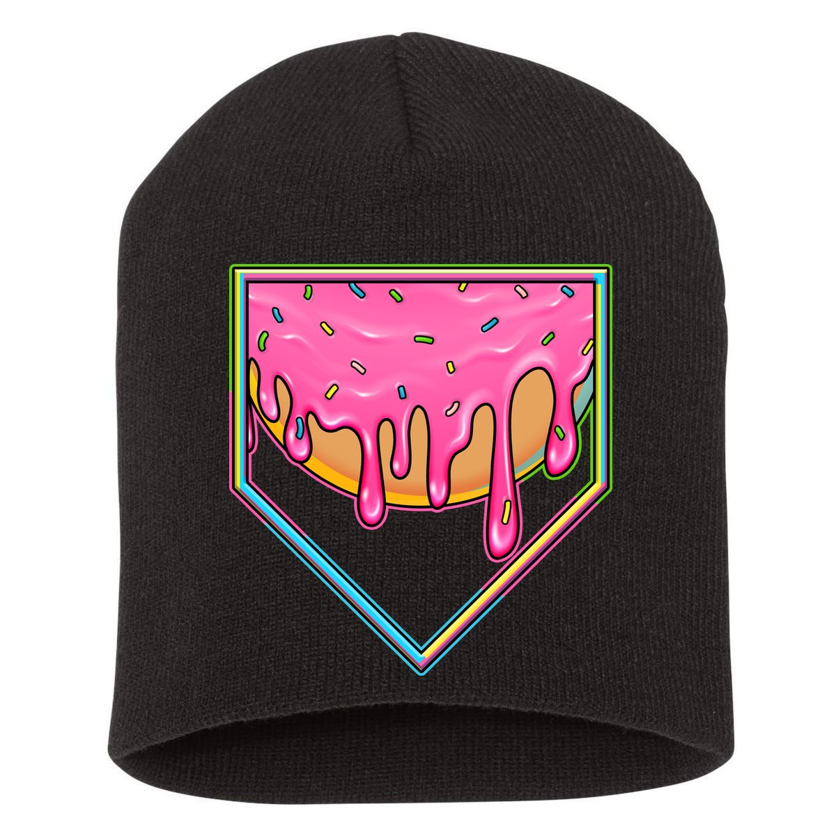 Dripping Pink Frosting Donut Baseball Diamond Home Plate Short Acrylic Beanie