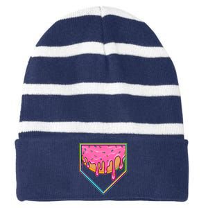 Dripping Pink Frosting Donut Baseball Diamond Home Plate Striped Beanie with Solid Band