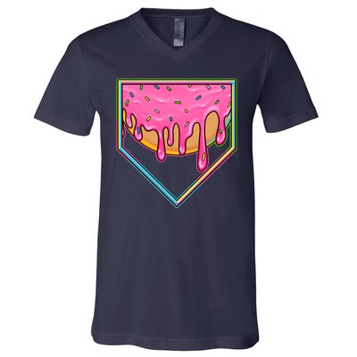 Dripping Pink Frosting Donut Baseball Diamond Home Plate V-Neck T-Shirt