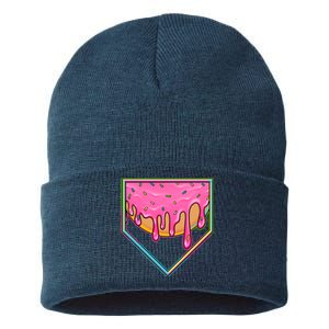 Dripping Pink Frosting Donut Baseball Diamond Home Plate Sustainable Knit Beanie